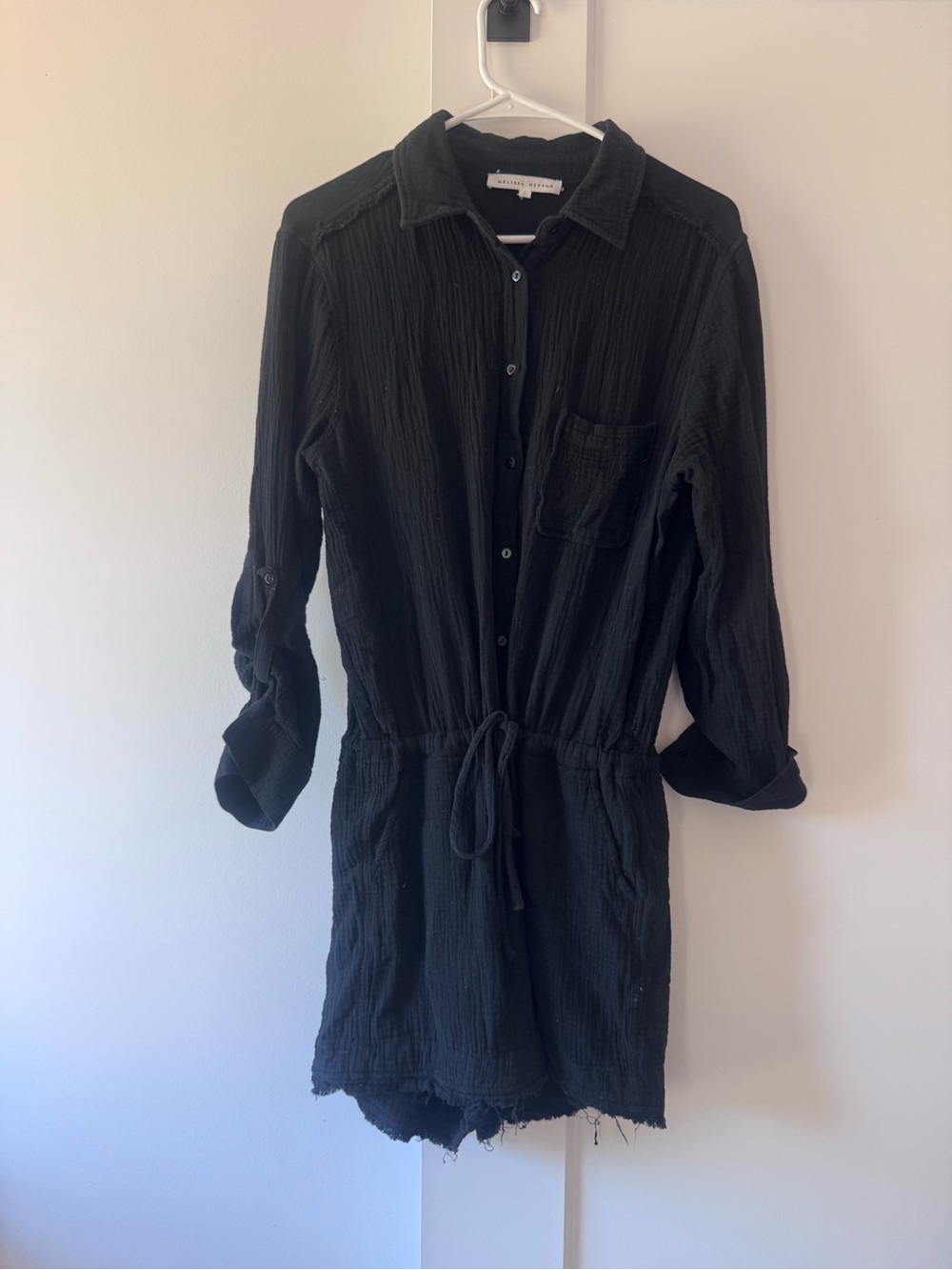 Black Button-Front Shorts Romper with Drawstring Waist
